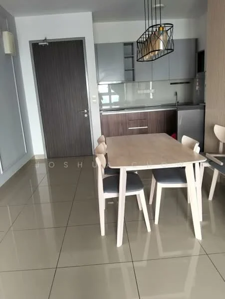 Dining features: dining table with light wood finish, 4 dining chairs with black seats, grey cabinetry, dark wood lower cabinets, stainless-steel refrigerator, built-in kitchen countertop, glass backsplash, pendant light fixture, large floor tiles in beige, white painted walls, door leading to hallway; style: modern.