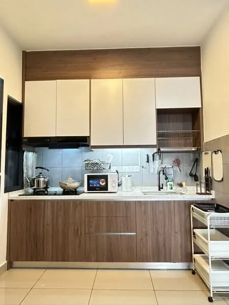 Kitchen features: wood cabinetry with white upper cabinets, grey tiled backsplash, stainless-steel sink, chrome pull-down faucet, built-in stove with exhaust hood, microwave, countertop with space for appliances, open shelving, white rolling cart, ceramic tile flooring, recessed lighting; style: modern.