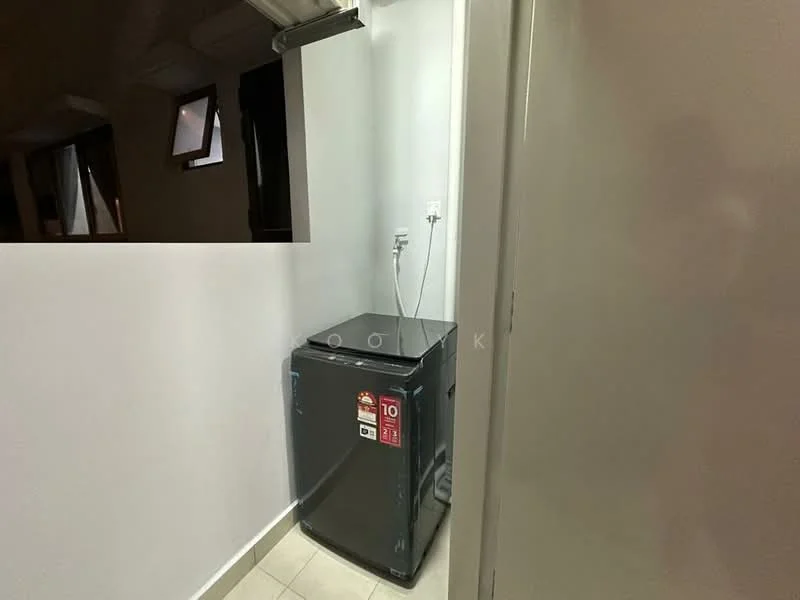 Room features: top-load washing machine, grey exterior, power outlet, white walls, tile flooring, corner placement, visible plumbing.