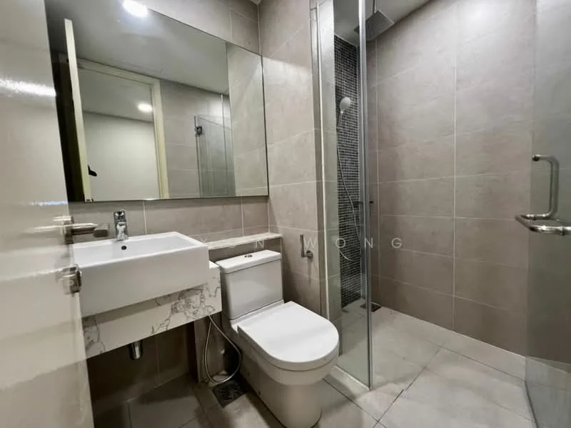 Bathroom features: single-sink vanity with marble top, chrome basin mixer faucet, framed mirror, one-piece toilet, walk-in shower with glass enclosure, rain shower head, tile cladding on walls, ceramic tile flooring, recessed downlights; style: modern.