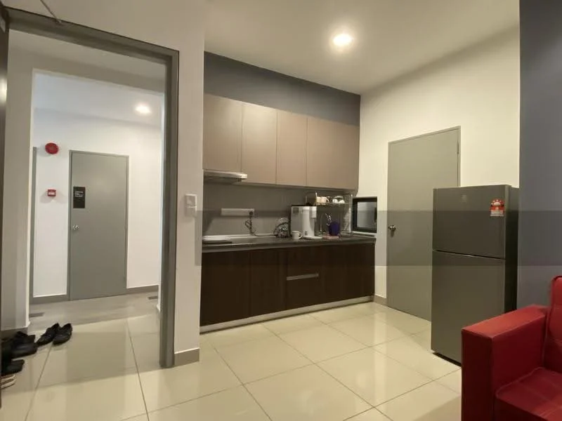 Kitchen features: grey upper cabinets, brown lower cabinets, stainless-steel sink, chrome pull-down faucet, built-in microwave, freestanding fridge, ceramic tile flooring, recessed downlights, countertop with space for appliances, wall-mounted cabinets, white walls; style: modern.