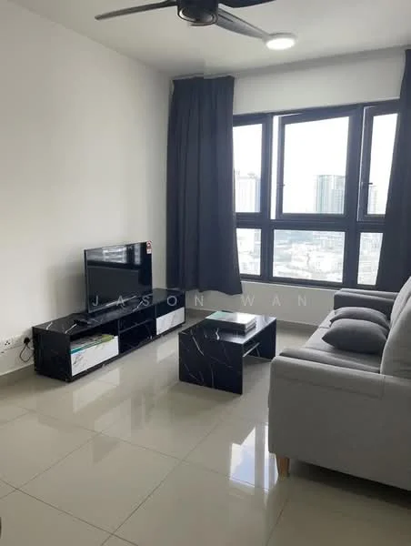 Living features: grey fabric sofa, black marble coffee table, wall-mounted TV, TV console with marble finish, floor-to-ceiling windows, grey curtains, glossy tile flooring, ceiling fan with light; style: modern; view: city.