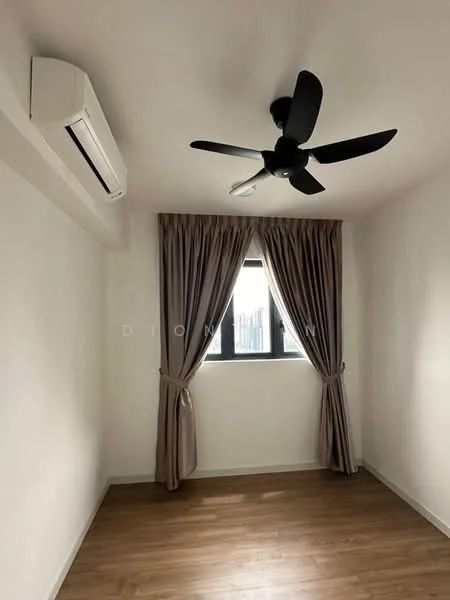 Room features: light wood flooring, white painted walls, 5-blade ceiling fan, wall-mounted split AC, floor-to-ceiling window with sheer curtains, curtains in beige, neutral color scheme; style: modern; view: city.