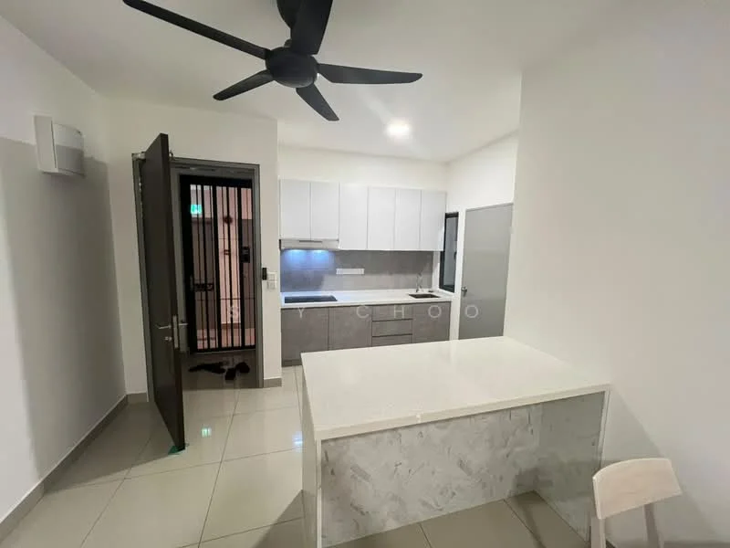 Kitchen features: white cabinetry, grey countertop, stainless-steel sink, chrome pull-down faucet, built-in oven, freestanding range oven, ceramic tile flooring, recessed downlights, 5-blade ceiling fan, open layout, wall-mounted cabinets, kitchen island, sliding glass door, window with view, neutral wall color; style: modern.