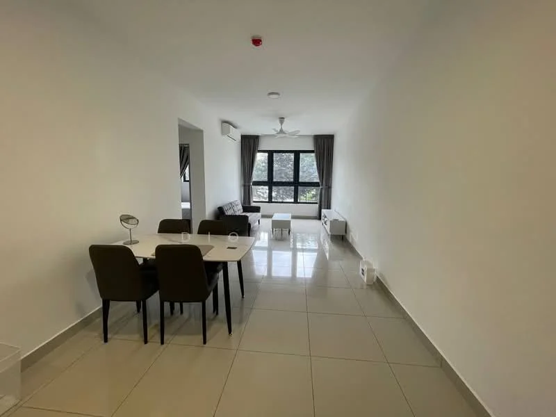 Living features: white painted walls, glossy tile flooring, floor-to-ceiling windows, grey curtains, 3-seater fabric sofa in dark grey, coffee table, dining table with 4 chairs, wall-mounted split AC, ceiling fan, decorative wall light; style: modern.