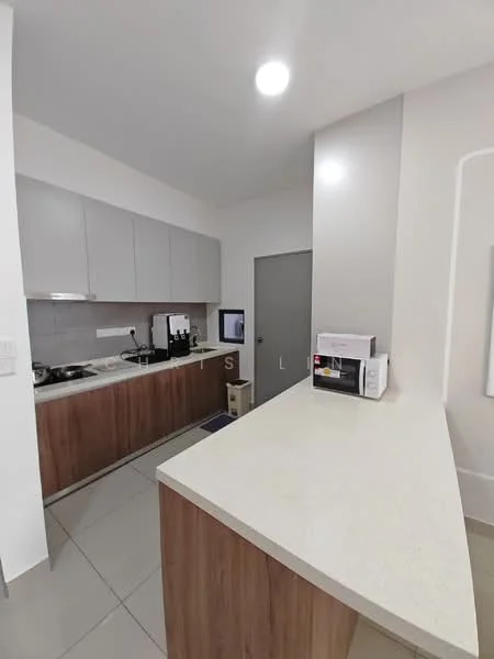 Kitchen features: light grey upper cabinets, wood lower cabinets, white quartz countertop, stainless-steel sink, built-in stove, microwave, refrigerator, grey tiled backsplash, ceramic tile flooring, recessed ceiling lights; style: modern.