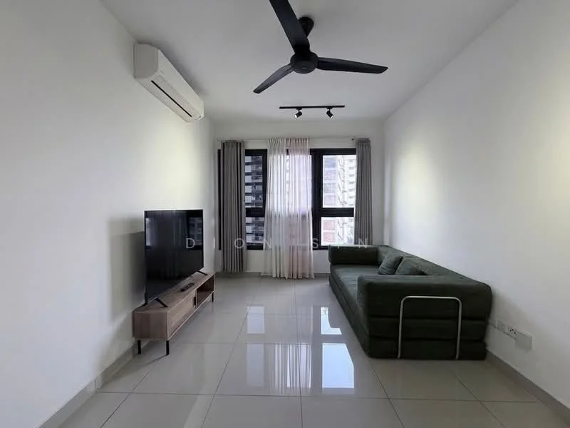 Living features: grey fabric L-shape sectional sofa, wall-mounted TV, wood TV console, white painted walls, glossy tile flooring, floor-to-ceiling windows, sheer curtains, 1 wall-mounted split AC, 5-blade ceiling fan with light; style: modern.