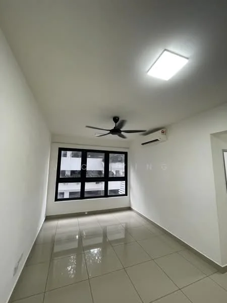 Room features: white painted walls, glossy ceramic tile flooring, 5-blade ceiling fan with light, 1 wall-mounted split AC, large black-framed windows, recessed LED ceiling lights; style: modern; view: city.