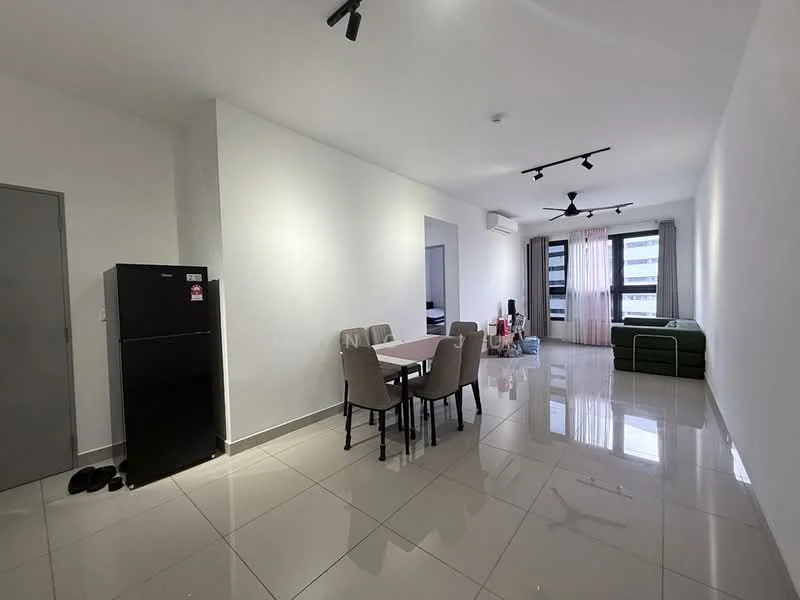 Living features: white painted walls, glossy ceramic tile flooring, recessed downlights, 5-blade ceiling fan, floor-to-ceiling windows, black fridge, dining table for six, upholstered dining chairs, green sofa, air conditioning unit; style: modern.