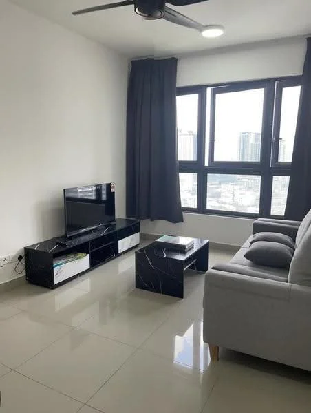 Living features: grey fabric sofa, black marble coffee table, black TV console, wall-mounted TV, floor-to-ceiling windows, grey curtains, polished ceramic tile flooring, ceiling fan with light, city view; style: modern; view: city.