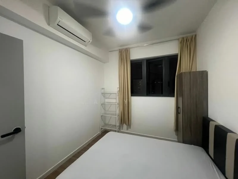 Bedroom features: white painted walls, wooden flooring, 1 ceiling fan, 1 wall-mounted split AC, blackout curtains, window with city view, queen-size bed, wooden wardrobe, metal shelving unit; style: modern; view: city.