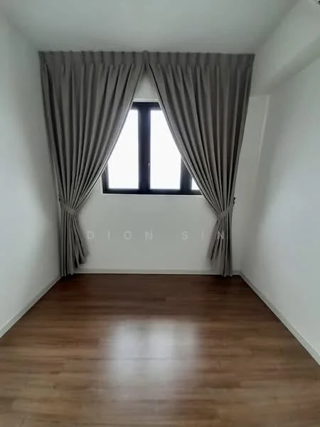 Room features: light wood laminate flooring, white painted walls, floor-to-ceiling window, grey curtains, neutral decor; style: modern.
