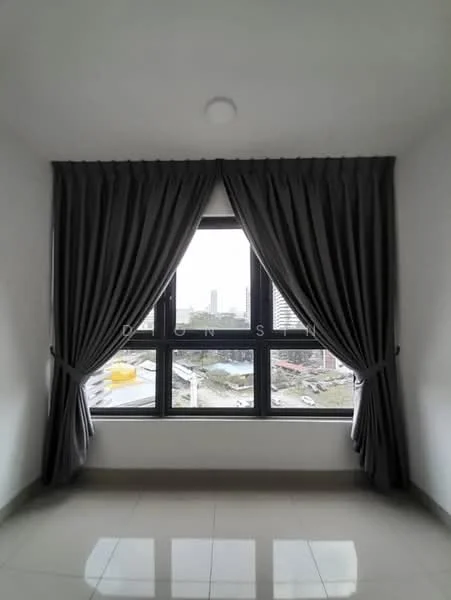 Room features: white painted walls, grey curtains, floor-to-ceiling windows, glossy tile flooring, ceiling light; style: modern; view: city.