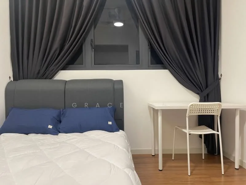 Bedroom features: queen-size bed with grey upholstered headboard, white bedding with blue accent pillows, white desk, white chair, dark grey curtains, wooden flooring, floor-to-ceiling window, recessed ceiling light; style: modern.