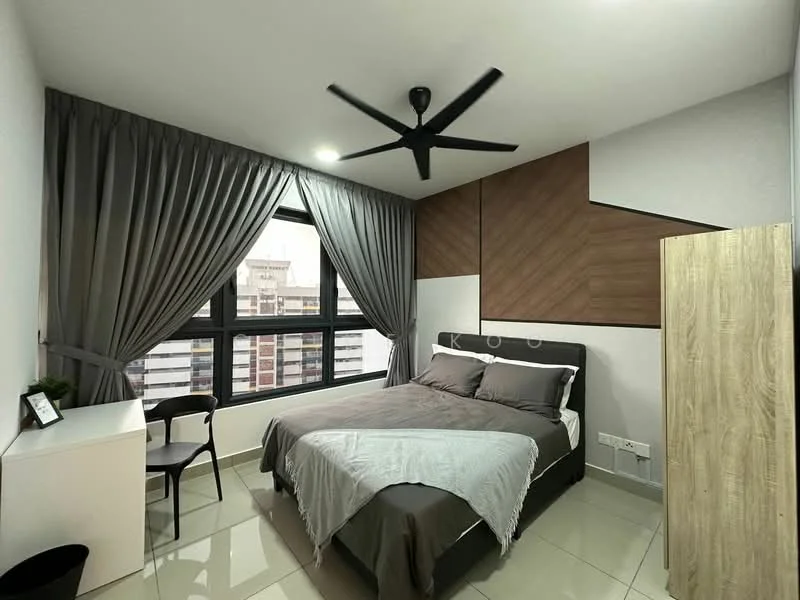 Bedroom features: king-size bed with grey bedding, upholstered headboard, 2 bedside lamps, floor-to-ceiling windows, blackout curtains, 5-blade ceiling fan, wood accent wall, white painted walls, glossy tile flooring, study desk, chair, wardrobe; style: modern; view: city.