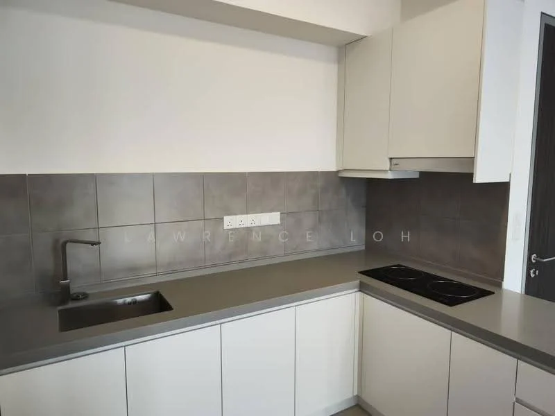 Kitchen features: single-bowl stainless-steel sink, chrome pull-down faucet, grey laminate countertop, white flat-panel cabinets, grey tile backsplash, built-in induction cooktop, under-cabinet lighting, wall-mounted range hood; style: modern.