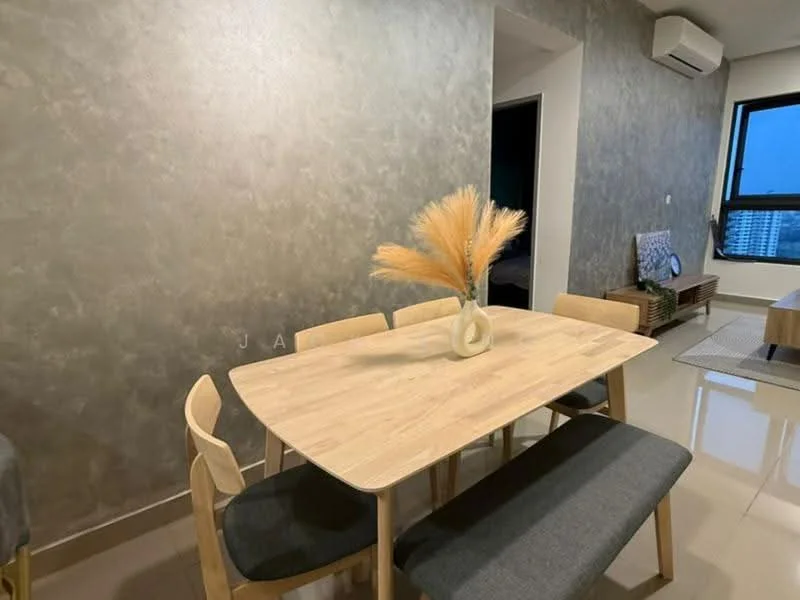Dining features: wooden dining table, 4 wooden dining chairs, grey upholstered bench seating, decorative vase with dried flowers, textured grey accent wall, glossy tile flooring, wall-mounted air conditioning unit, floor-to-ceiling window with city view; style: modern; view: city.