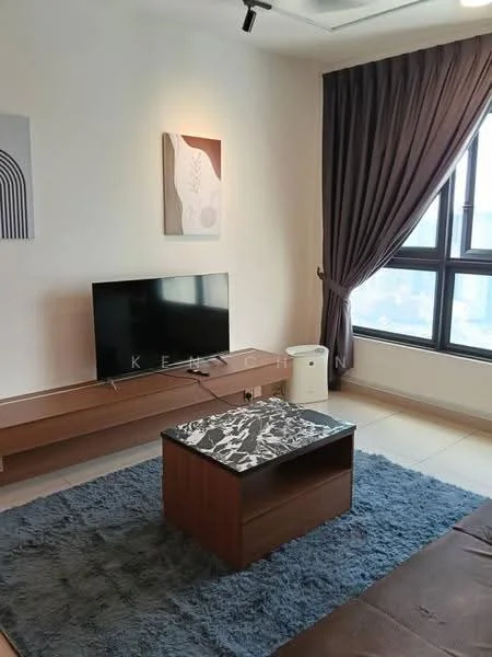Living features: 3-seater fabric sofa in brown, coffee table with marble top, TV console in wood, wall-mounted TV, area rug with solid color, floor-to-ceiling windows, curtains in dark fabric, framed artwork on wall, recessed ceiling lights; style: modern; view: city.
