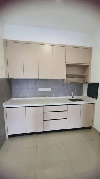 Kitchen features: light beige cabinetry, white countertop, stainless-steel sink, chrome pull-down faucet, grey tile backsplash, built-in microwave, under-cabinet lighting, ceramic tile flooring, open shelving, drawer storage, upper cabinets with no handles; style: modern.