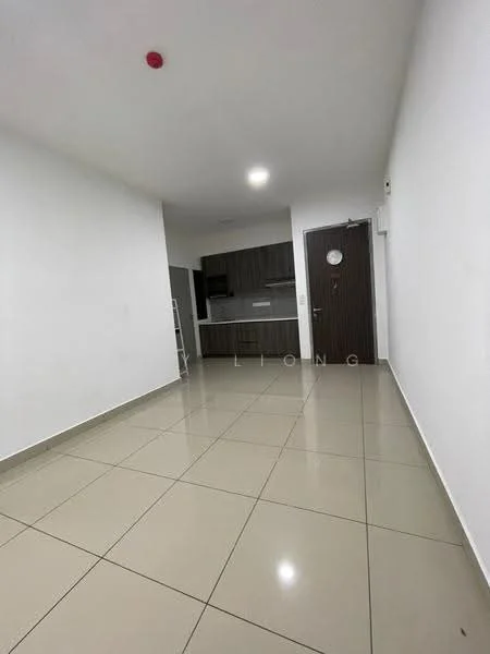 Room features: white painted walls, glossy beige tile flooring, recessed ceiling lights, wooden door, kitchen cabinetry in dark wood, open layout, no visible appliances, no visible furniture; style: modern.