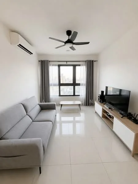 Living features: 3-seater fabric sofa in grey, coffee table, wall-mounted TV, TV console in white and wood, floor-to-ceiling windows, sheer curtains, 1 wall-mounted split AC, recessed downlights, polished tile flooring, light-colored walls, ceiling fan with 3 blades; style: modern; view: city.