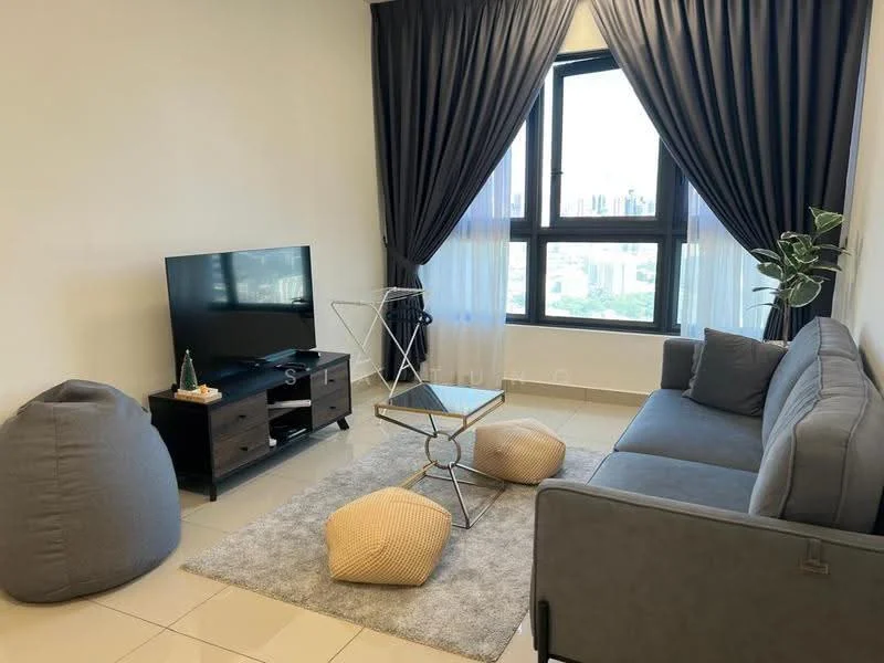 Living features: grey fabric sofa, coffee table with metal frame, area rug with neutral color, bean bag chairs, wall-mounted TV, TV console with storage, floor-to-ceiling windows, curtains in dark color, indoor plant in ceramic pot, light-colored tiled flooring; style: modern; view: city.