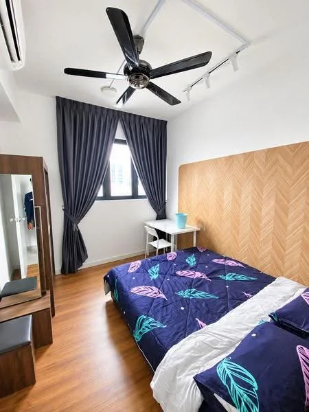 Bedroom features: queen-size bed with patterned bedding, wooden headboard with herringbone pattern, 2 bedside pillows, study desk with chair, full-length mirror, dark curtains, ceiling fan, wooden flooring, wall-mounted air conditioning unit; style: modern.