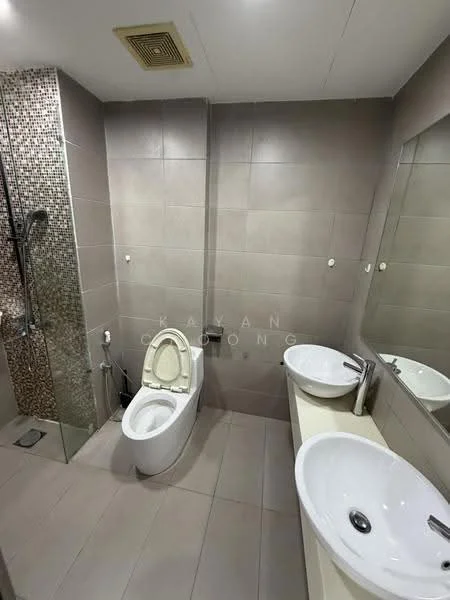Bathroom features: walk-in shower with glass enclosure, rain shower head, handheld shower, one-piece toilet, double-sink vanity with white countertop, framed mirror, chrome basin mixer, mosaic tile accent wall, grey tiled walls, light grey tiled flooring, exhaust fan; style: modern.