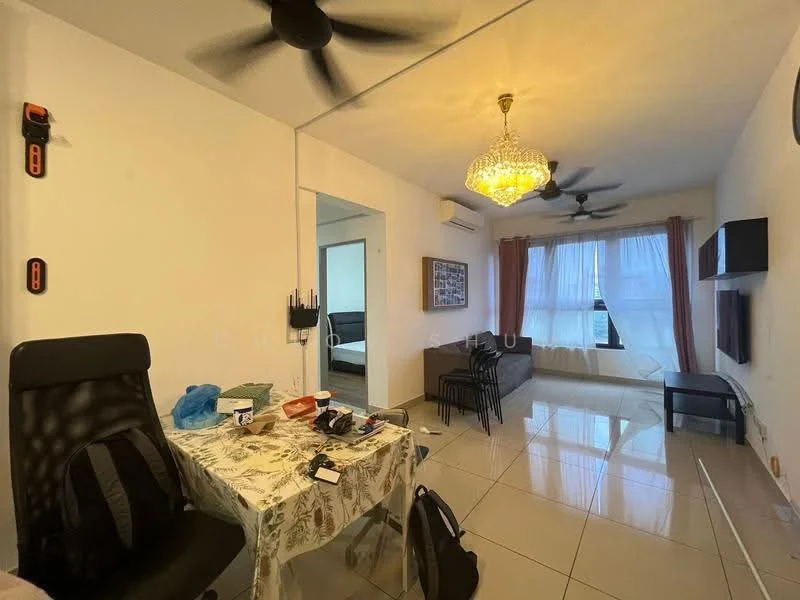 Living features: white painted walls, glossy tile flooring, chandelier, 2 ceiling fans, floor-to-ceiling windows with sheer curtains, black wall-mounted TV, black dining table with chairs, sofa, decorative wall, backpack on chair, table with miscellaneous items; style: modern.