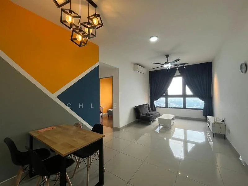 Living features: grey painted walls, yellow accent wall, blue accent wall, polished ceramic tile flooring, 5-blade ceiling fan with light, floor-to-ceiling windows, blackout curtains, sofa, coffee table, dining table with chairs, wall-mounted clock; style: modern; view: city.