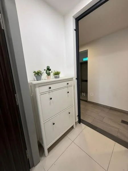 Room features: white painted walls, tile flooring, console table with drawers, decorative potted plants, door frame, light switch, neutral color scheme; style: modern.
