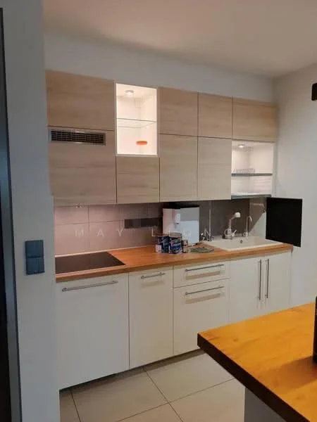 Kitchen features: light wood cabinetry, white lower cabinets, stainless-steel sink, chrome pull-down faucet, quartz countertop, grey tile backsplash, built-in oven, microwave, recessed lighting, open shelving, flat-panel cabinet doors, tile flooring; style: modern.