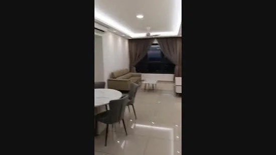 Living features: cream painted walls, glossy tile flooring, recessed downlights, 5-blade ceiling fan with light, floor-to-ceiling windows, sheer curtains, beige fabric sofa, round dining table, 4 upholstered dining chairs, TV console, decorative wall, area rug; style: modern; view: city.