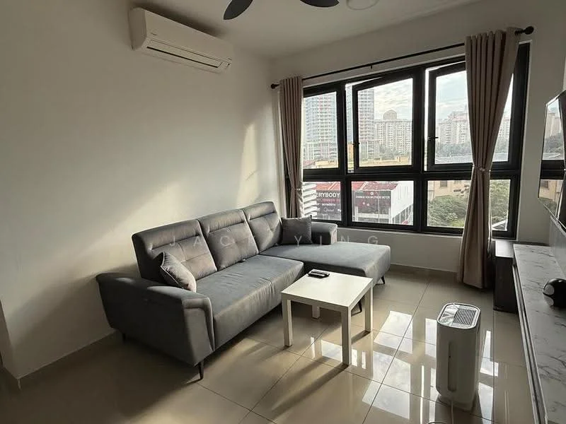 Living features: grey fabric L-shape sectional sofa, coffee table, wall-mounted TV, TV console, floor-to-ceiling windows, sheer curtains, 1 wall-mounted split AC, light-colored walls, glossy tile flooring, ceiling fan with light, decorative wall art; style: modern; view: city.