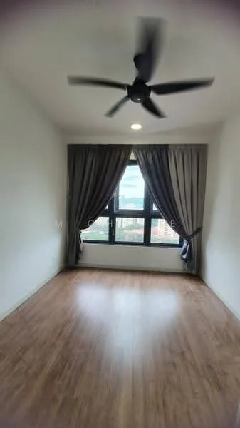 Room features: wooden flooring, white painted walls, 5-blade ceiling fan, floor-to-ceiling windows, grey curtains, city view; style: modern; view: city.