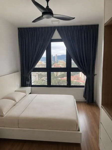 Bedroom features: queen-size bed, upholstered headboard, floor-to-ceiling windows, blackout curtains, wooden flooring, ceiling fan, decorative wall, city view; style: modern; view: city.