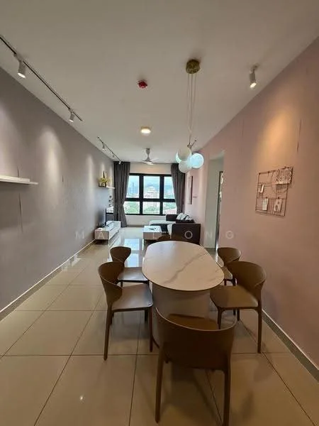 Dining features: round marble dining table, 6 upholstered dining chairs, grey painted walls, large windows with city view, recessed downlights, ceiling fan, TV console, wall-mounted TV, decorative wall art, tile flooring; style: modern; view: city.