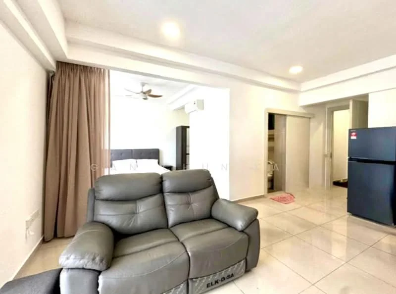 Living features: grey leather recliner sofa, ceramic tile flooring, white painted walls, ceiling fan, wall-mounted air conditioning unit, floor-to-ceiling curtains, open layout, refrigerator; style: modern. Bedroom features: queen-size bed, headboard, built-in wardrobe, white painted walls, sliding door to bathroom; style: modern.