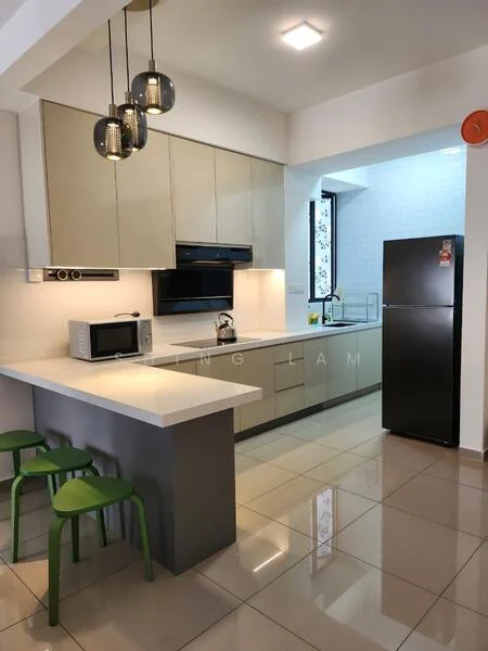 Kitchen features: light grey cabinetry, white countertop, stainless-steel fridge, built-in oven, microwave, single-bowl stainless-steel sink, chrome pull-down faucet, ceramic tile flooring, recessed downlights, pendant lights, window with patterned treatment, green bar stools; style: modern.