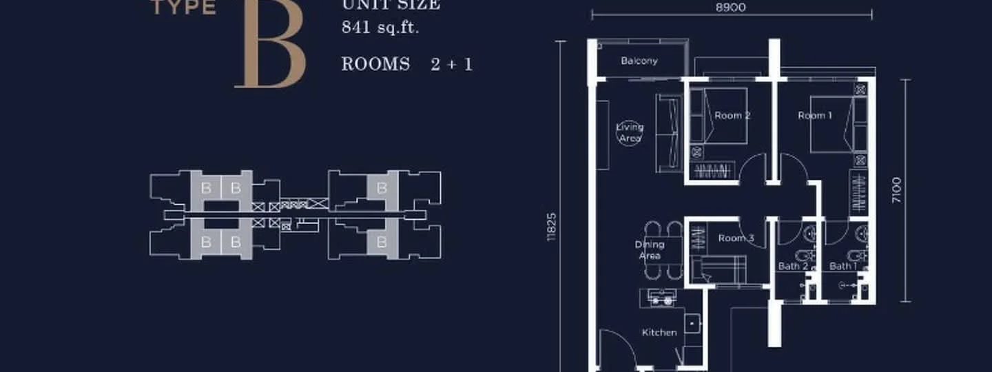 Floor plan: 2-bedroom 2-bathroom unit; features: open-plan kitchen-dining-living, master bedroom with ensuite bathroom, balcony off living room, utility room, central foyer, 1 car porch, 841 sqft total.