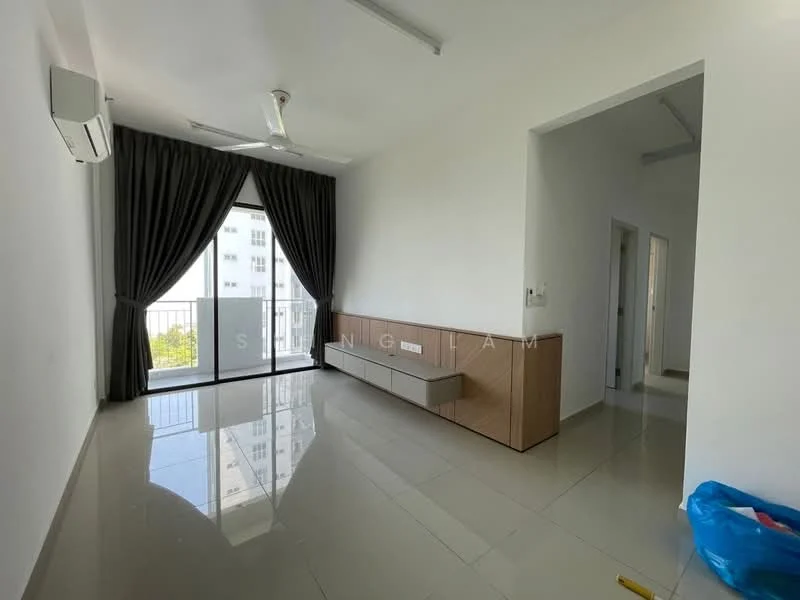 Living features: floor-to-ceiling windows, sliding glass door, grey curtains, white painted walls, polished tile flooring, ceiling fan, built-in TV console, air conditioning unit; style: modern; view: city.