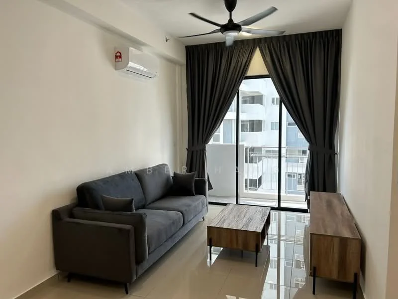 Living features: 3-seater fabric sofa in grey, wood coffee table, floor-to-ceiling windows, blackout curtains, 1 wall-mounted split AC, light grey walls, glossy tile flooring, ceiling fan with light; style: modern; view: city.