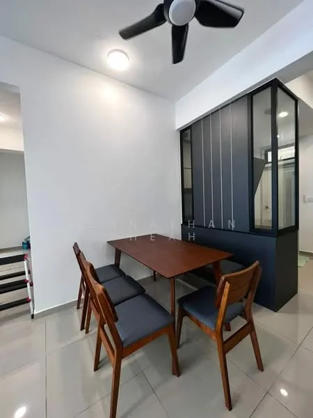 Dining features: wooden dining table, 4 wooden dining chairs with grey cushions, white painted walls, glossy tile flooring, ceiling fan, recessed ceiling lights, glass partition wall, dark cabinetry; style: modern.