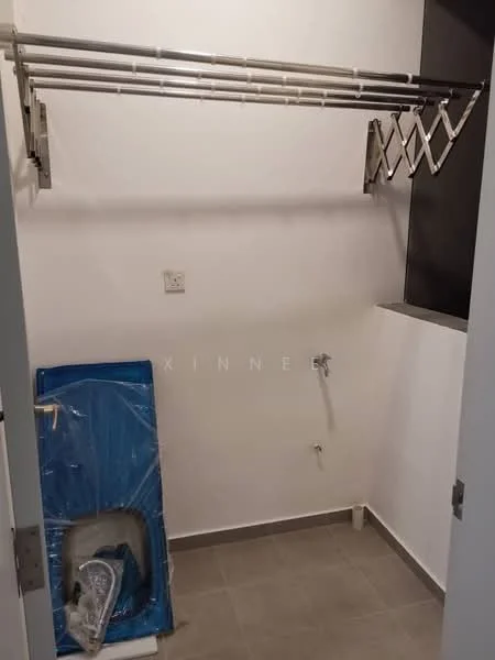 Laundry features: folding drying rack, wall-mounted faucet, grey tile flooring, white painted walls, corner window, plumbing for washing machine, space for laundry basket, light fixture.