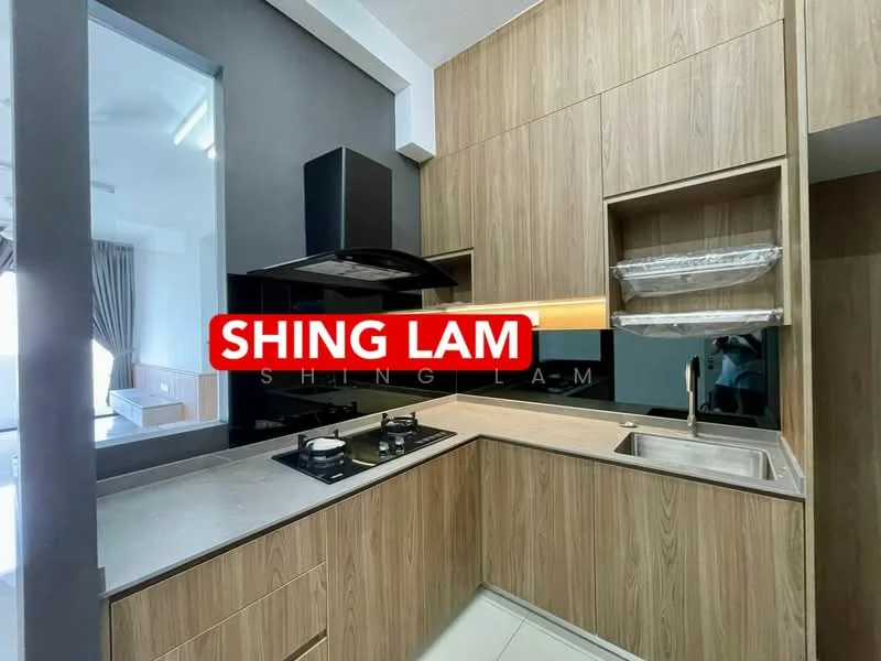 Kitchen features: wood cabinetry, grey countertop, stainless-steel sink, chrome pull-down faucet, 2-burner gas hob, black range hood, tile backsplash, open shelving, floor-to-ceiling window, light-colored flooring; style: modern.