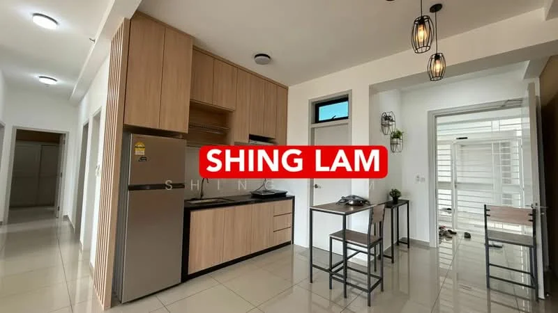 Kitchen features: stainless-steel fridge, built-in oven, 4-burner gas hob, black countertop, wood cabinetry, pendant lighting, ceramic tile flooring, wall-mounted cabinets, open shelving, single-bowl stainless-steel sink, chrome pull-down faucet; style: modern. Dining features: small dining table, metal chairs; style: modern.