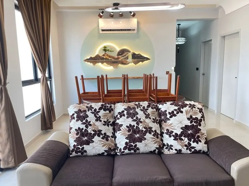 Living features: 3-seater sofa with floral pattern, cream walls, recessed ceiling lights, wall-mounted air conditioning unit, floor-to-ceiling windows, curtains in brown, dining table with wooden chairs, tile flooring; style: modern.