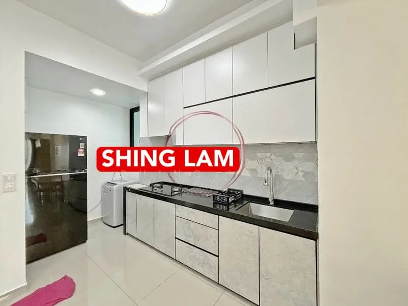Kitchen features: white cabinetry with flat-panel doors, black granite countertop, stainless-steel sink, chrome pull-down faucet, grey tile backsplash, built-in oven, freestanding refrigerator, washing machine, ceramic tile flooring, recessed ceiling lights; style: modern.