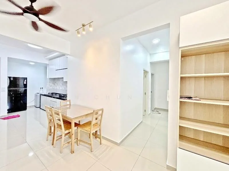 Dining features: 4-seater wooden dining table, light wood dining chairs, white walls, glossy tile flooring, ceiling fan with light, recessed ceiling lights, open layout to kitchen, built-in shelving unit, doorway leading to hallway; style: modern. Kitchen features: black refrigerator, white cabinetry, grey tiled backsplash, stainless-steel sink, built-in stove, countertop space, open layout to dining area; style: modern.