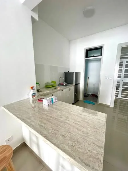 Kitchen features: white painted walls, light-colored granite countertop, stainless-steel fridge, single-bowl stainless-steel sink, chrome pull-down faucet, ceramic tile flooring, open shelving, kitchen cabinets, window with view, cleaning supplies visible; style: modern.